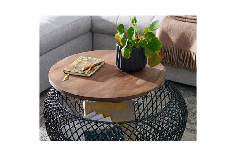 Sohvapöytä Wohnling Pyöreä korin ulkonäkö massiivipuisella pöytälevyllä maalaistalo - Huonekalut - Pöytä & ruokailuryhmä - Sohvapöytä