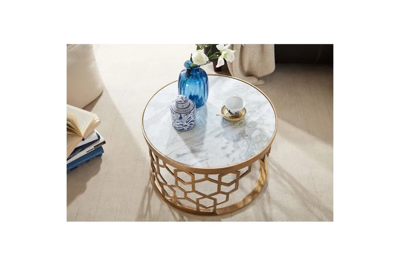 Sohvapöytä Wohnling Pyöreä intialainen marmori hunajakennokuvio metallirunko - Huonekalut - Pöytä & ruokailuryhmä - Sohvapöytä