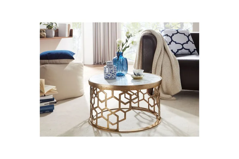 Sohvapöytä Wohnling Pyöreä intialainen marmori hunajakennokuvio metallirunko - Huonekalut - Pöytä & ruokailuryhmä - Sohvapöytä