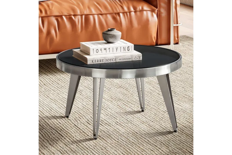 Sohvapöytä Wohnling Pyöreä 60 cm turvalasi mattahopea 4 jalan metallikehys moderni - Huonekalut - Pöytä & ruokailuryhmä - Sohvapöytä