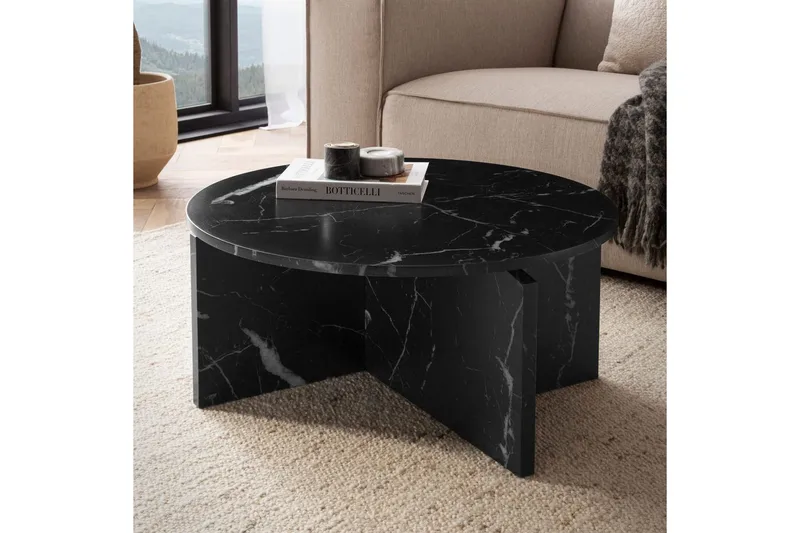 Sohvapöytä Wohnling Pyöreä kivinen optiikka, moderni ulkoasu 70 cm, Musta marmori - 70 cm, Musta marmori - Huonekalut - Pöytä & ruokailuryhmä - Marmoripöydät