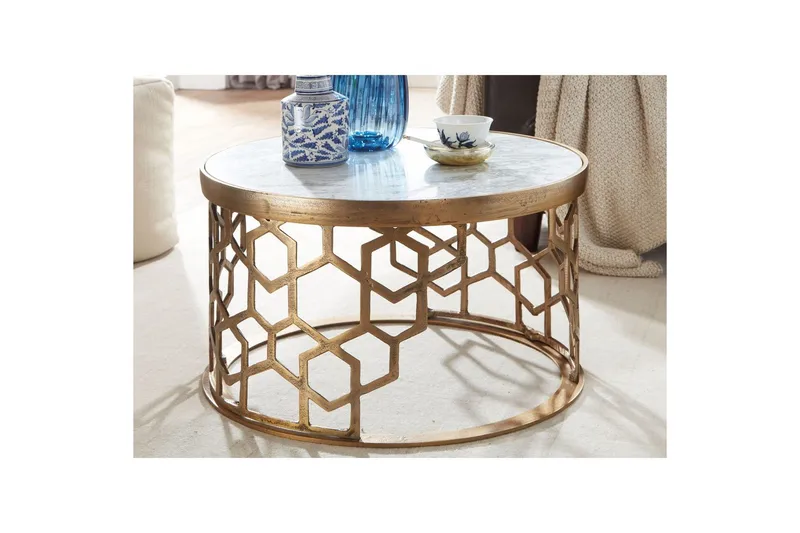 Sohvapöytä Wohnling Pyöreä intialainen marmori hunajakennokuvio metallirunko - Huonekalut - Pöytä & ruokailuryhmä - Sohvapöytä