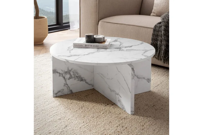 Sohvapöytä Wohnling Pyöreä kivinen optiikka, moderni ulkoasu 70 cm, Marmori valkoinen - 70 cm, Marmori valkoinen - Huonekalut - Pöytä & ruokailuryhmä - Marmoripöydät