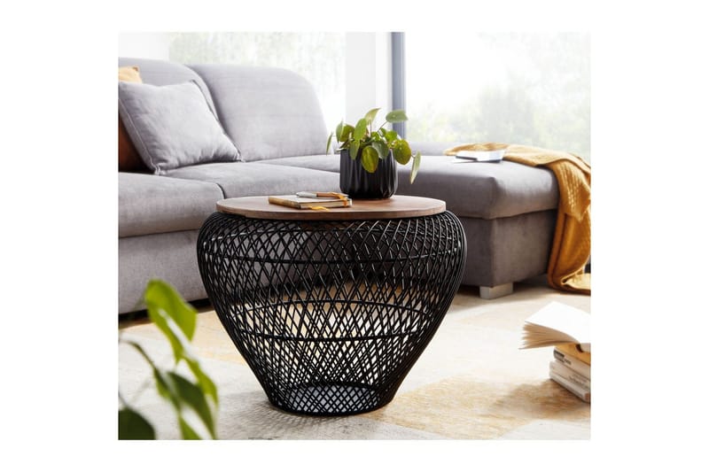 Sohvapöytä Wohnling Pyöreä korin ulkonäkö massiivipuisella pöytälevyllä maalaistalo - Huonekalut - Pöytä & ruokailuryhmä - Sohvapöytä