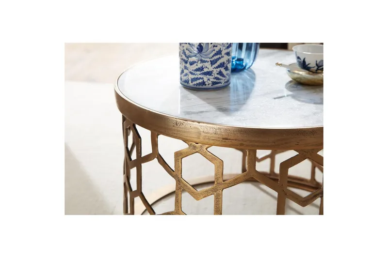 Sohvapöytä Wohnling Pyöreä intialainen marmori hunajakennokuvio metallirunko - Huonekalut - Pöytä & ruokailuryhmä - Sohvapöytä