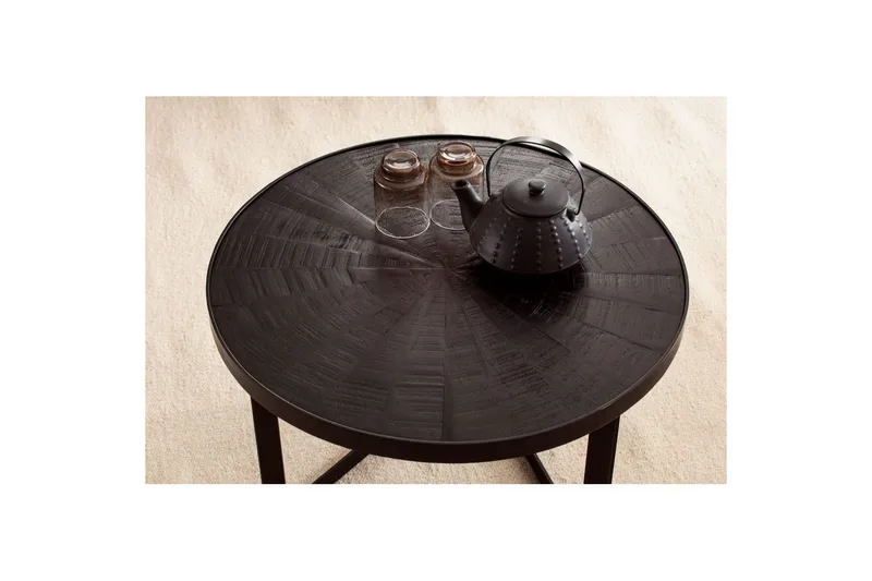 Sohvapöytä Wohnling Pyöreä massiivipuu kivipinnalla, moderni metallirunko - Huonekalut - Pöytä & ruokailuryhmä - Sohvapöytä