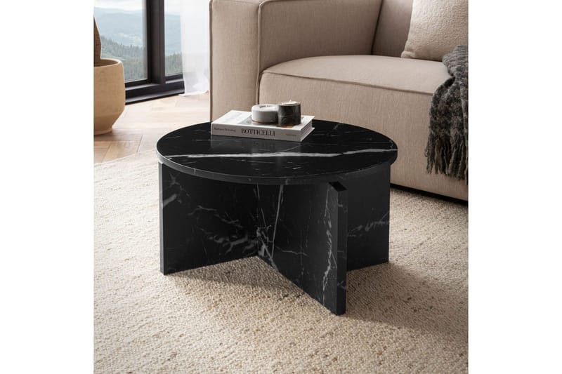 Sohvapöytä Wohnling Pyöreä kivinen optiikka, moderni ulkoasu 60 cm, Musta marmori - 60 cm, Musta marmori - Huonekalut - Pöytä & ruokailuryhmä - Sohvapöytä