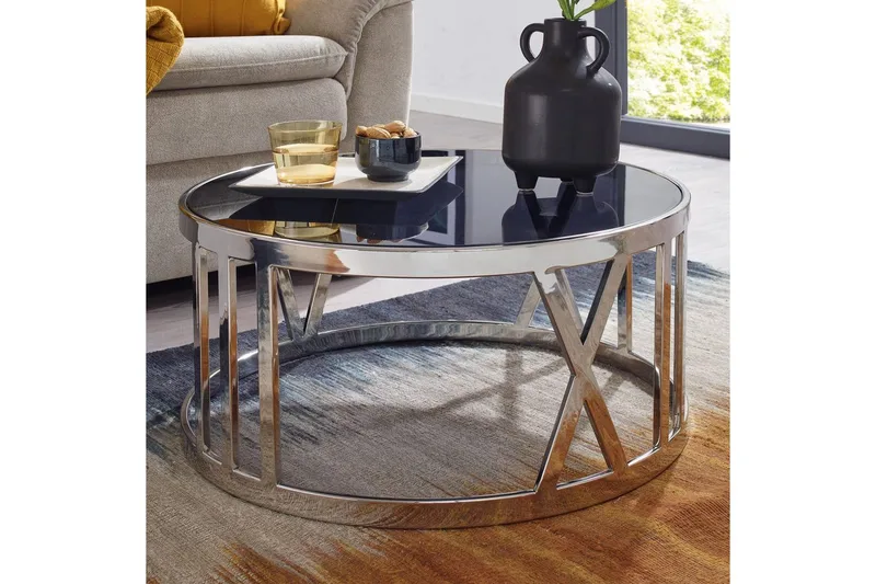 Sohvapöytä Wohnling Pyöreä 60 cm turvalasi roomalaiset numerot kromi moderni - Huonekalut - Pöytä & ruokailuryhmä - Sohvapöytä