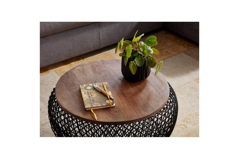 Sohvapöytä Wohnling Pyöreä korin ulkonäkö massiivipuisella pöytälevyllä maalaistalo - Huonekalut - Pöytä & ruokailuryhmä - Sohvapöytä