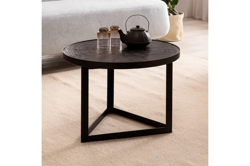 Sohvapöytä Wohnling Pyöreä massiivipuu kivipinnalla, moderni metallirunko - Huonekalut - Pöytä & ruokailuryhmä - Sohvapöytä