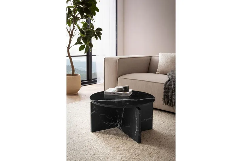 Sohvapöytä Wohnling Pyöreä kivinen optiikka, moderni ulkoasu 60 cm, Musta marmori - 60 cm, Musta marmori - Huonekalut - Pöytä & ruokailuryhmä - Marmoripöydät
