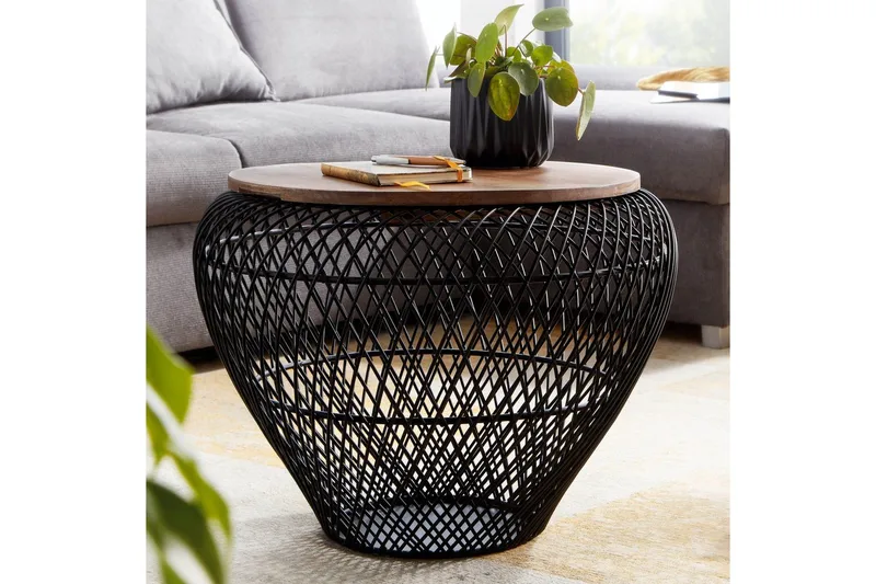 Sohvapöytä Wohnling Pyöreä korin ulkonäkö massiivipuisella pöytälevyllä maalaistalo - Huonekalut - Pöytä & ruokailuryhmä - Sohvapöytä