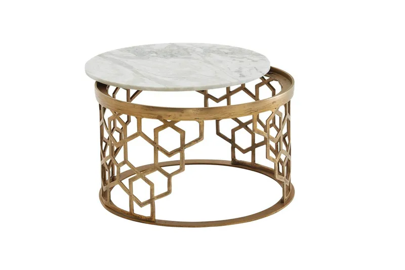 Sohvapöytä Wohnling Pyöreä intialainen marmori hunajakennokuvio metallirunko - Huonekalut - Pöytä & ruokailuryhmä - Sohvapöytä