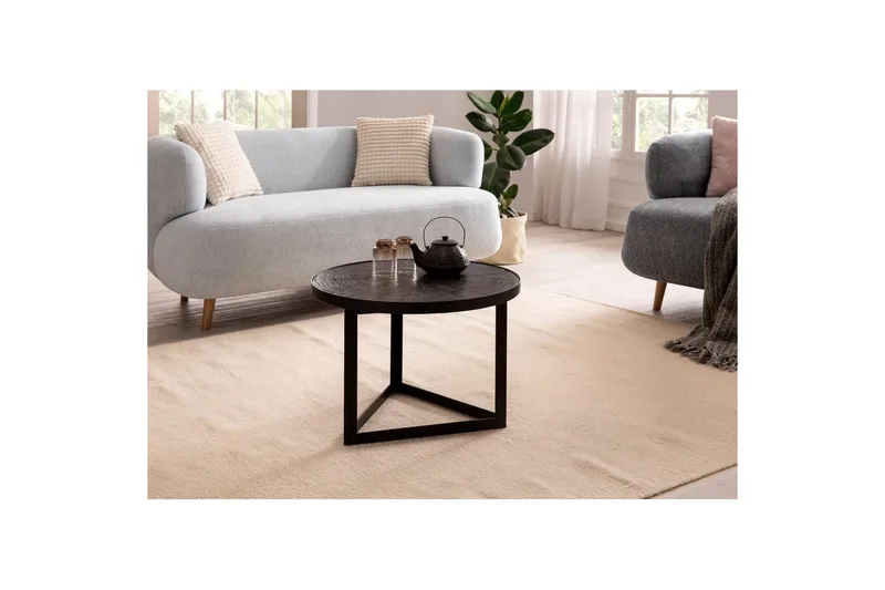 Sohvapöytä Wohnling Pyöreä massiivipuu kivipinnalla, moderni metallirunko - Huonekalut - Pöytä & ruokailuryhmä - Sohvapöytä