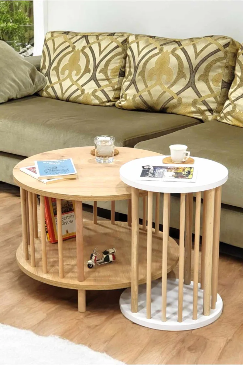 Sohvapöytäsetti Hanah Home Peka Set Pro (Ø60 x K43 cm) Sapphire-tammi/Valkoinen, Sapphire Oak ja valkoinen