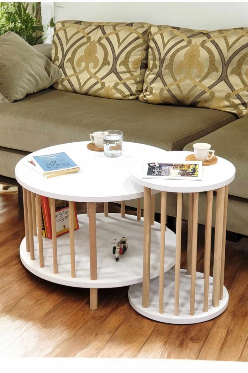 Sohvapöytäsetti Hanah Home Peka Set Pro (Ø60 x K43 cm) Valkoinen - Valkoinen - Huonekalut - Pöytä & ruokailuryhmä - Sohvapöytä