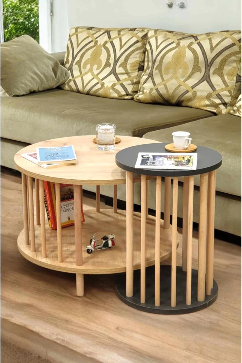 Sohvapöytäsetti Hanah Home Peka Set Pro (Ø60 x K43 cm) Sapphire-tammi/Antrasiitti, Sapphire Oak ja antrasiitti