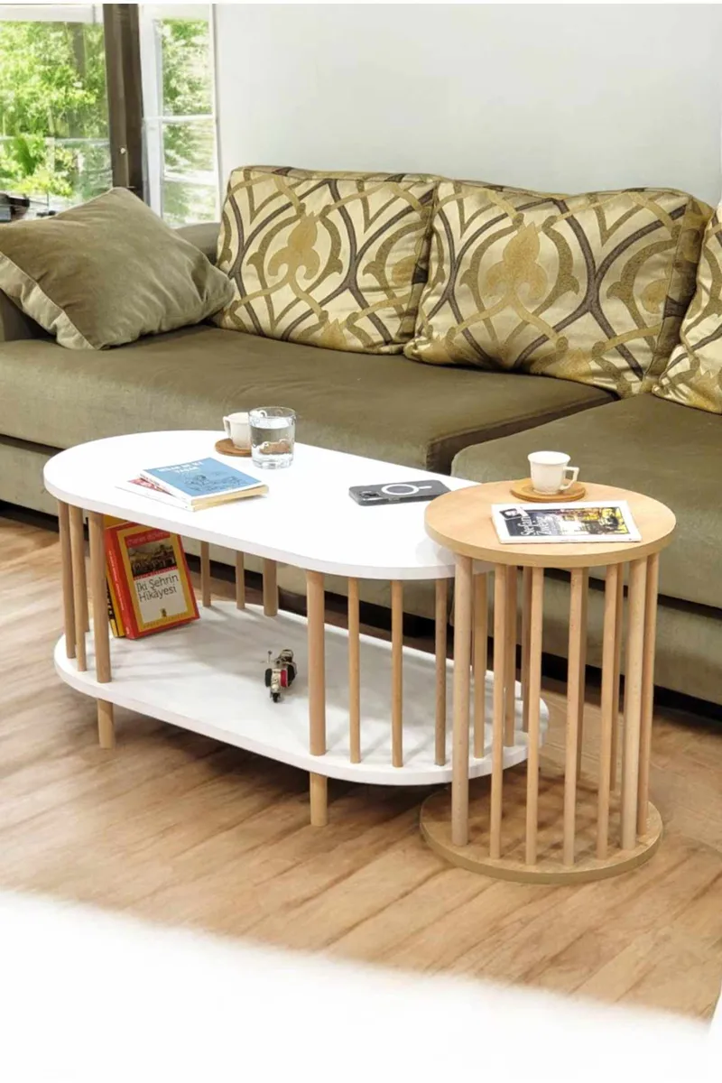 Sohvapöytäsetti Hanah Home Peka Set (90 x 43 x 45 cm) Valkoinen/Sapphire-tammi - Valkoinen ja sapphire-tammi - Huonekalut - Pöytä & ruokailuryhmä - Sohvapöytä