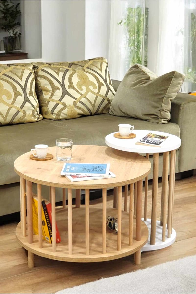 Sohvapöytäsetti Hanah Home Peka Set Pro (Ø60 x K43 cm) Sapphire-tammi/Valkoinen - Sapphire Oak ja valkoinen - Huonekalut - Pöytä & ruokailuryhmä - Sohvapöytä