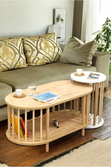 Sohvapöytäsetti Hanah Home Peka Set (90 x 43 x 45 cm) Sapphire-tammi/Valkoinen - Sapphire Oak ja valkoinen - Huonekalut - Pöytä & ruokailuryhmä - Sohvapöytä
