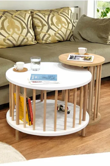 Sohvapöytäsetti Hanah Home Peka Set Pro (Ø60 x K43 cm) Valkoinen/Sapphire-tammi - Valkoinen ja sapphire-tammi - Huonekalut - Pöytä & ruokailuryhmä - Sohvapöytä