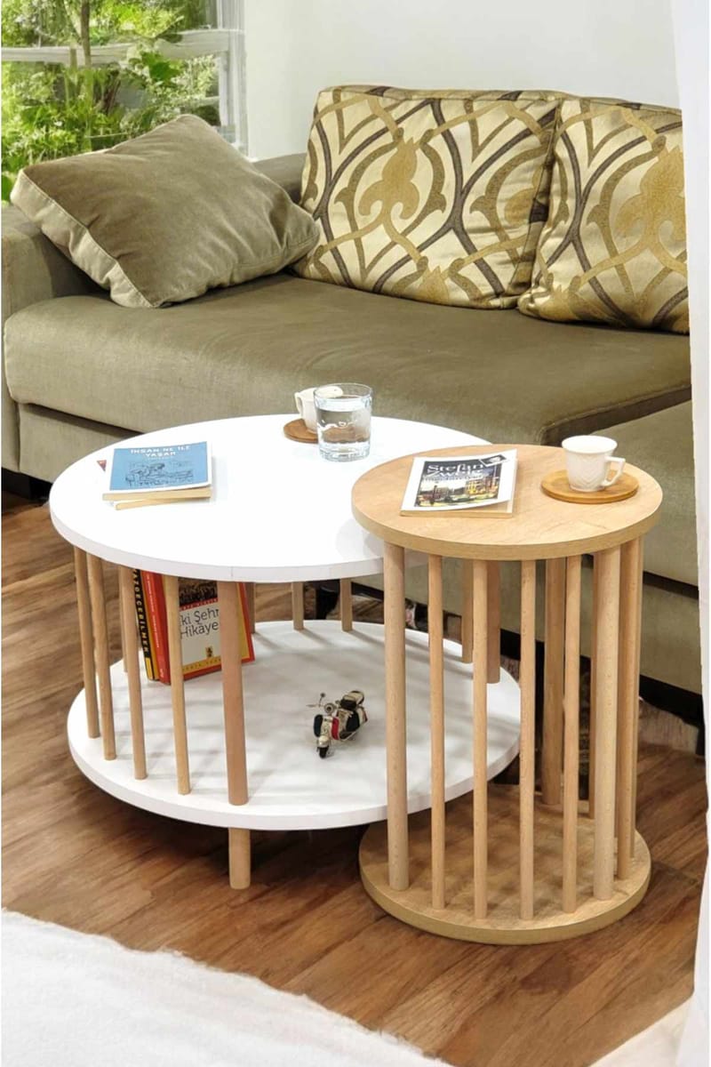 Sohvapöytäsetti Hanah Home Peka Set Pro (Ø60 x K43 cm) Valkoinen/Sapphire-tammi - Valkoinen ja sapphire-tammi - Huonekalut - Pöytä & ruokailuryhmä - Sohvapöytä