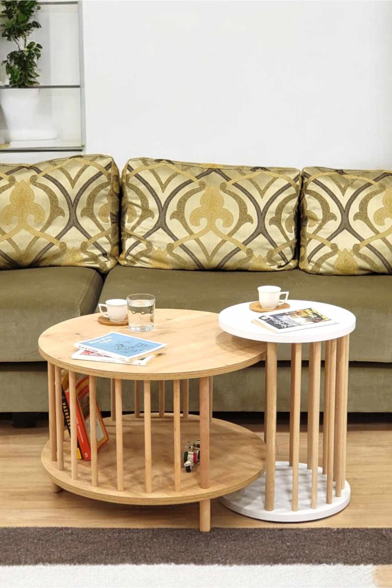 Sohvapöytäsetti Hanah Home Peka Set Pro (Ø60 x K43 cm) Sapphire-tammi/Valkoinen - Sapphire Oak ja valkoinen - Huonekalut - Pöytä & ruokailuryhmä - Sohvapöytä