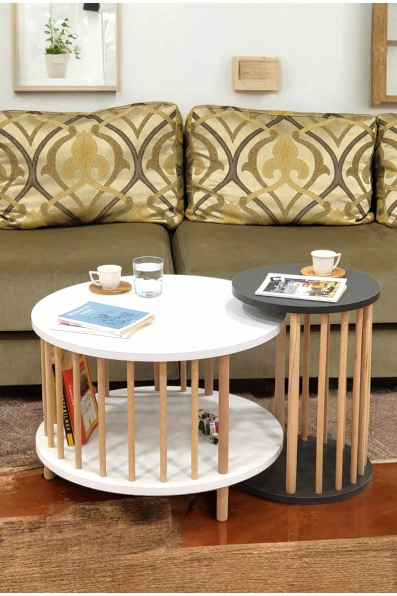 Sohvapöytäsetti Hanah Home Peka Set Pro (Ø60 x K43 cm) Valkoinen/Antrasiitti - Valkoinen ja antrasiitti - Huonekalut - Pöytä & ruokailuryhmä - Sohvapöytä