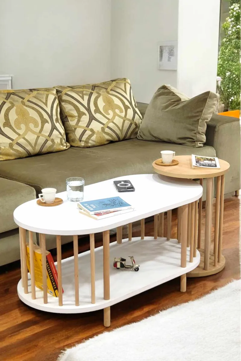 Sohvapöytäsetti Hanah Home Peka Set (90 x 43 x 45 cm) Valkoinen/Sapphire-tammi, Valkoinen ja sapphire-tammi