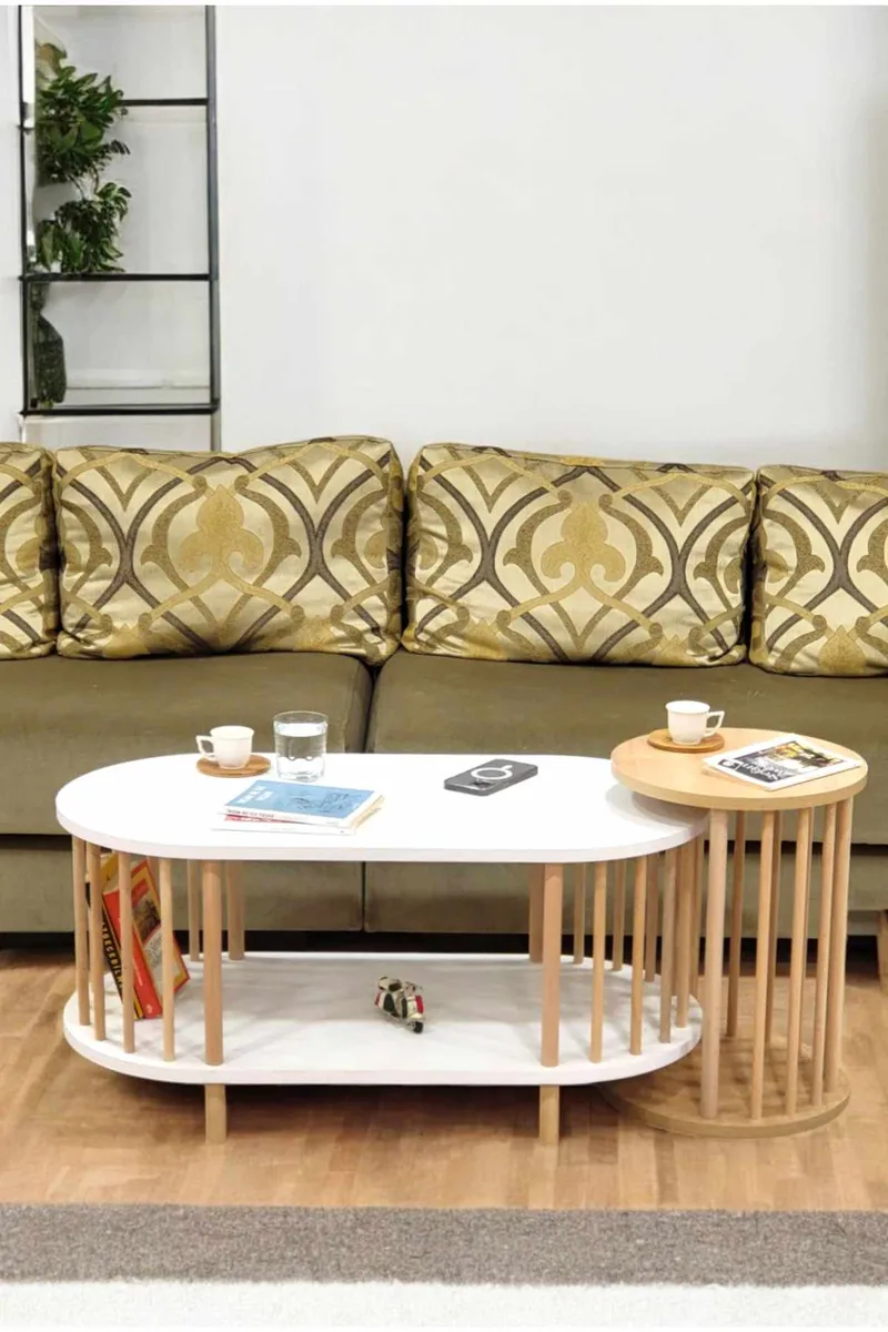 Sohvapöytäsetti Hanah Home Peka Set (90 x 43 x 45 cm) Valkoinen/Sapphire-tammi - Valkoinen ja sapphire-tammi - Huonekalut - Pöytä & ruokailuryhmä - Sohvapöytä