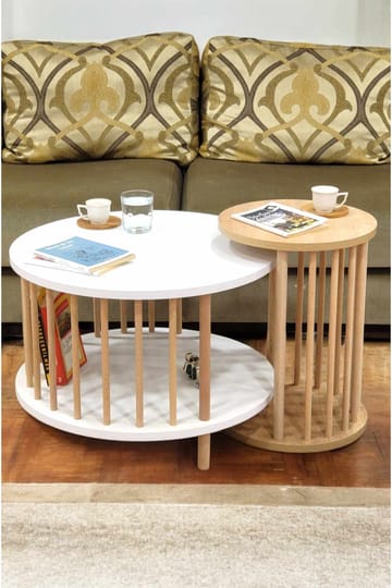 Sohvapöytäsetti Hanah Home Peka Set Pro (Ø60 x K43 cm) Valkoinen/Sapphire-tammi - Valkoinen ja sapphire-tammi - Huonekalut - Pöytä & ruokailuryhmä - Sohvapöytä