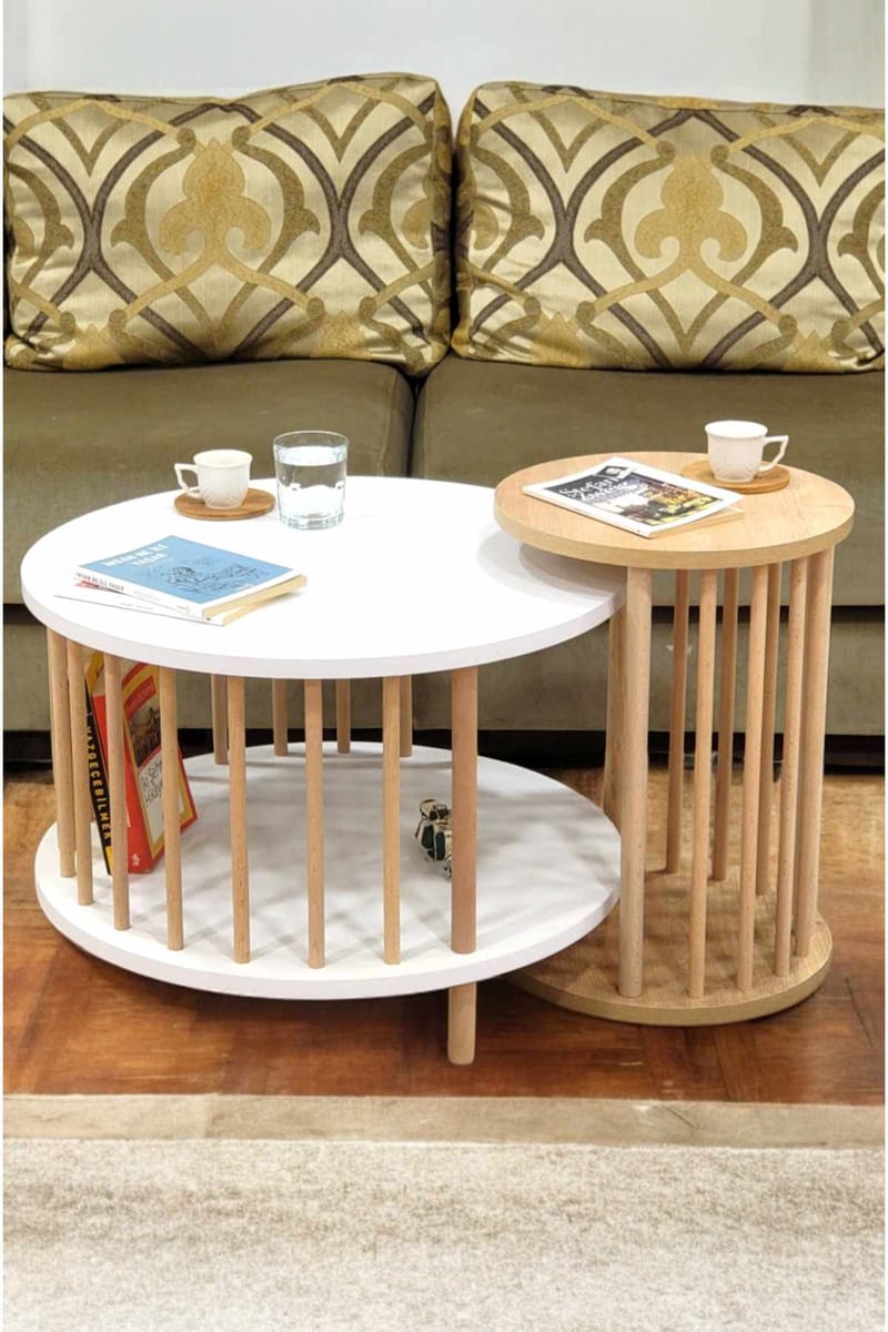 Sohvapöytäsetti Hanah Home Peka Set Pro (Ø60 x K43 cm) Valkoinen/Sapphire-tammi - Valkoinen ja sapphire-tammi - Huonekalut - Pöytä & ruokailuryhmä - Sohvapöytä