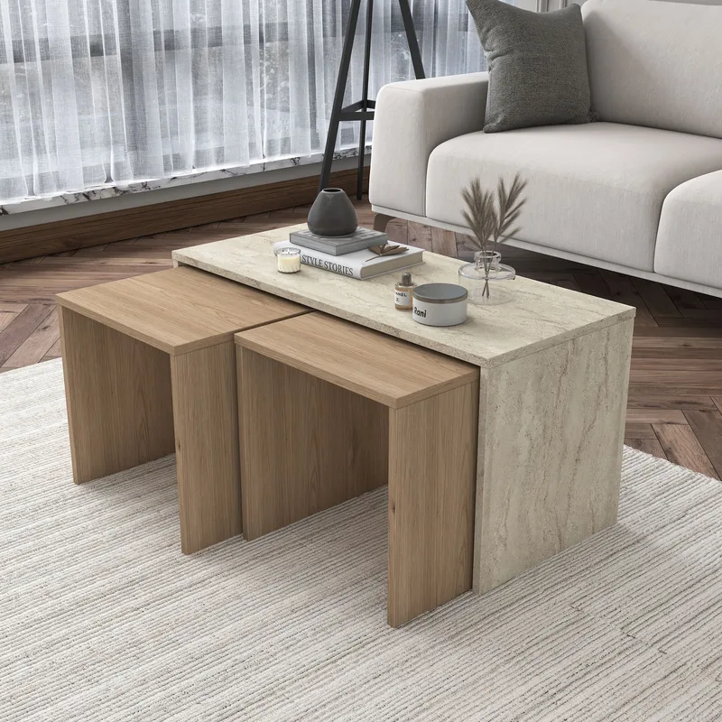 Sohvapöytäsetti Wallxpert Cleo Shelf (90 x 44,8 x 40 cm) travertiini - Travertiini - Huonekalut - Pöytä & ruokailuryhmä - Sohvapöytä