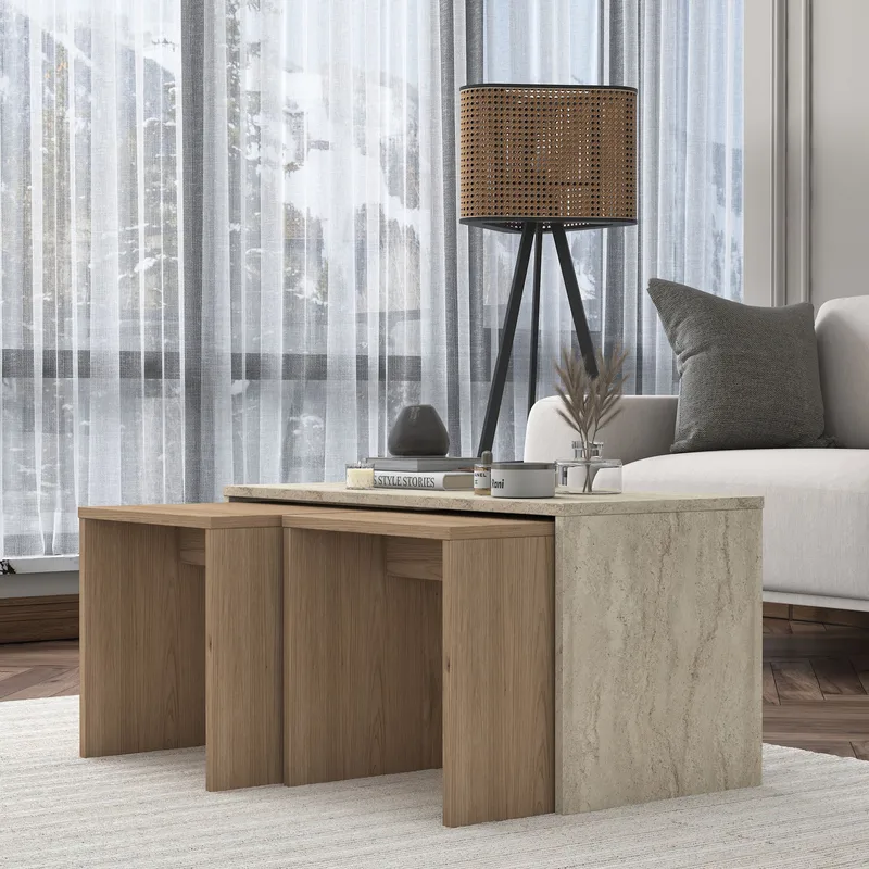 Sohvapöytäsetti Wallxpert Cleo Shelf (90 x 44,8 x 40 cm) travertiini - Travertiini - Huonekalut - Pöytä & ruokailuryhmä - Sohvapöytä