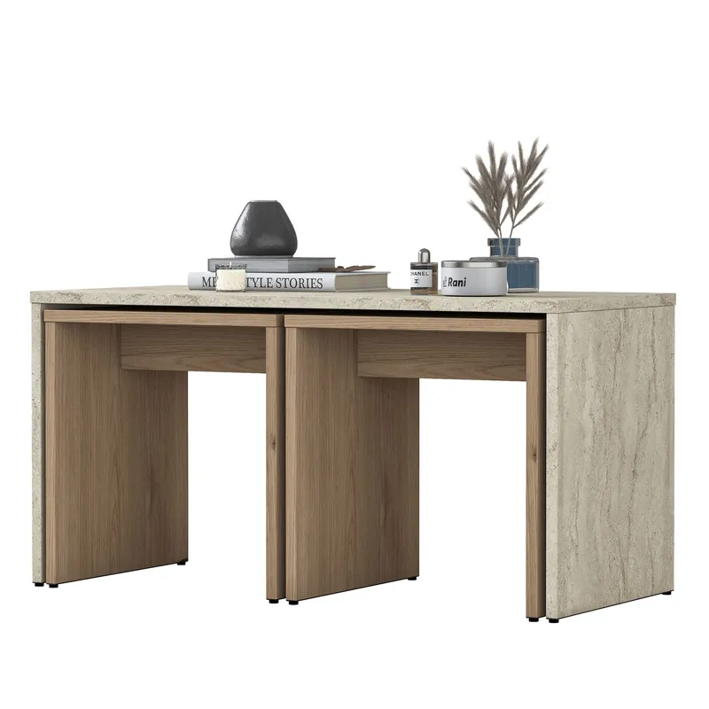 Sohvapöytäsetti Wallxpert Cleo Shelf (90 x 44,8 x 40 cm) travertiini, Travertiini