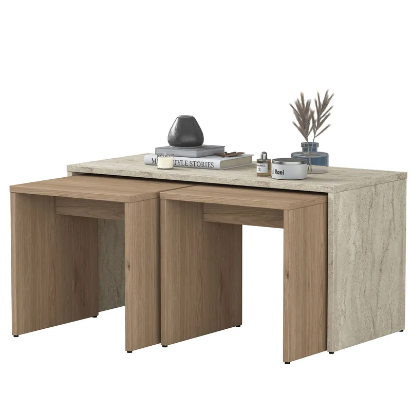 Sohvapöytäsetti Wallxpert Cleo Shelf (90 x 44,8 x 40 cm) travertiini - Travertiini - Huonekalut - Pöytä & ruokailuryhmä - Sohvapöytä