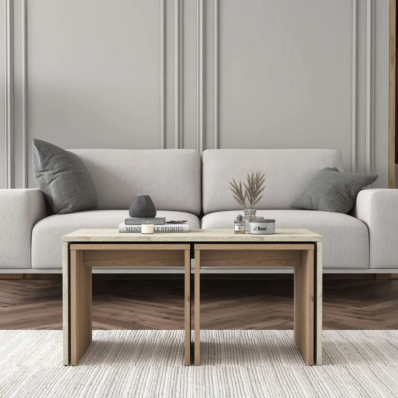 Sohvapöytäsetti Wallxpert Cleo Shelf (90 x 44,8 x 40 cm) travertiini - Travertiini - Huonekalut - Pöytä & ruokailuryhmä - Sohvapöytä
