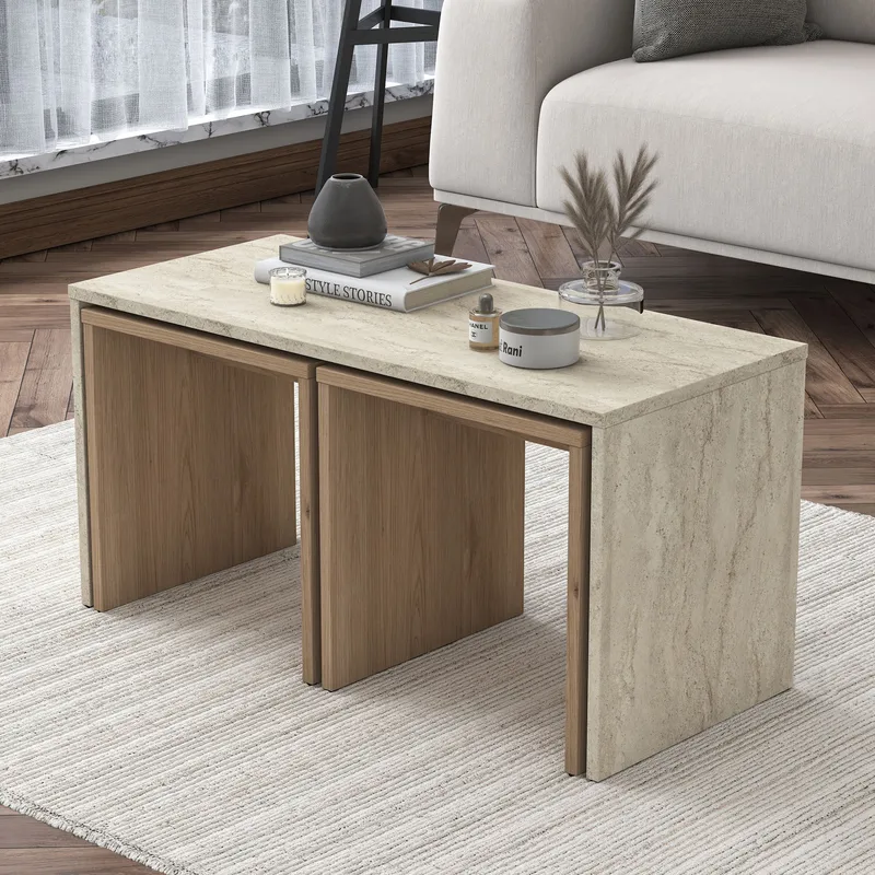 Sohvapöytäsetti Wallxpert Cleo Shelf (90 x 44,8 x 40 cm) travertiini - Travertiini - Huonekalut - Pöytä & ruokailuryhmä - Sohvapöytä
