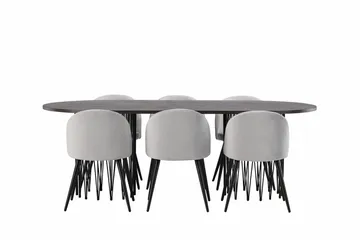 Soikea Stone-ruokapöytä 220x100x74 cm ja 6 samettista Velvet-keittiötuolia - Huonekalut - Pöytä & ruokailuryhmä - Ruokailuryhmä