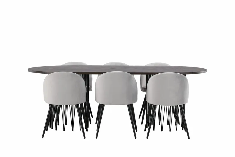 Soikea Stone-ruokapöytä 220x100x74 cm ja 6 samettista Velvet-keittiötuolia - Huonekalut - Pöytä & ruokailuryhmä - Ruokailuryhmä
