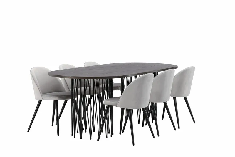 Soikea Stone-ruokapöytä 220x100x74 cm ja 6 samettista Velvet-keittiötuolia - Huonekalut - Pöytä & ruokailuryhmä - Ruokailuryhmä