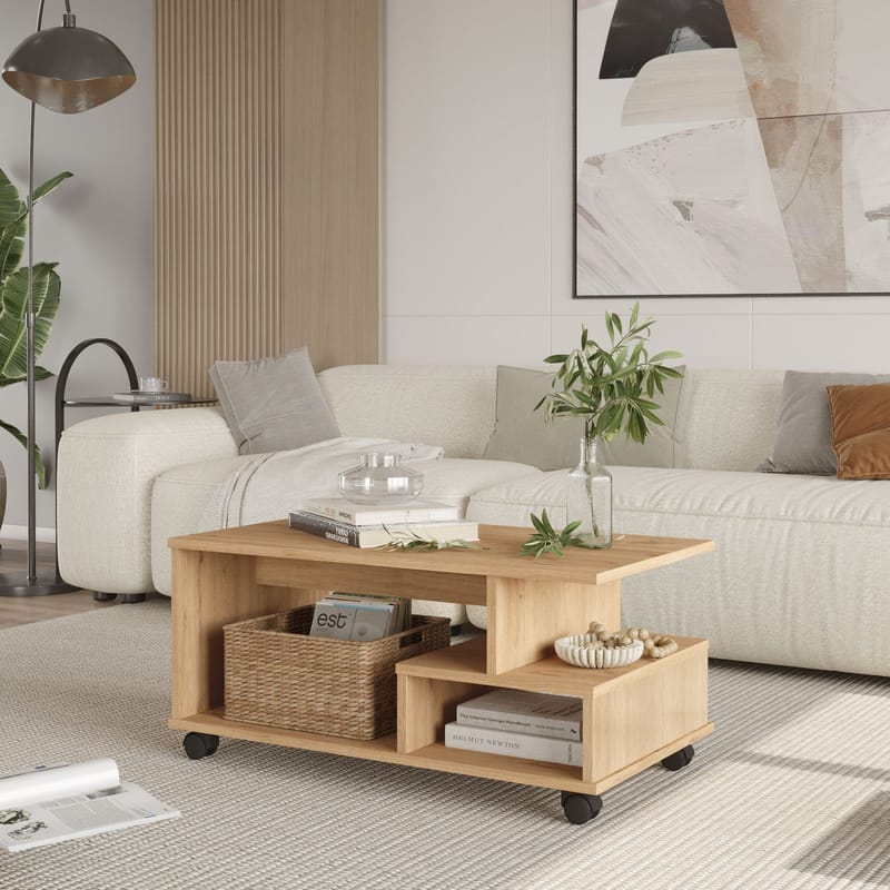 Solven 90x42,5x51 cm suorakaiteen muotoinen sohvapöytä hyllyillä ja pyörillä tammea - Ruskea - Huonekalut - Pöytä & ruokailuryhmä - Sohvapöytä
