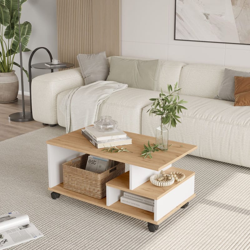 Solven sohvapöytä 90x42,5x51 cm - Tammi ja valkoinen - Huonekalut - Pöytä & ruokailuryhmä - Sohvapöytä