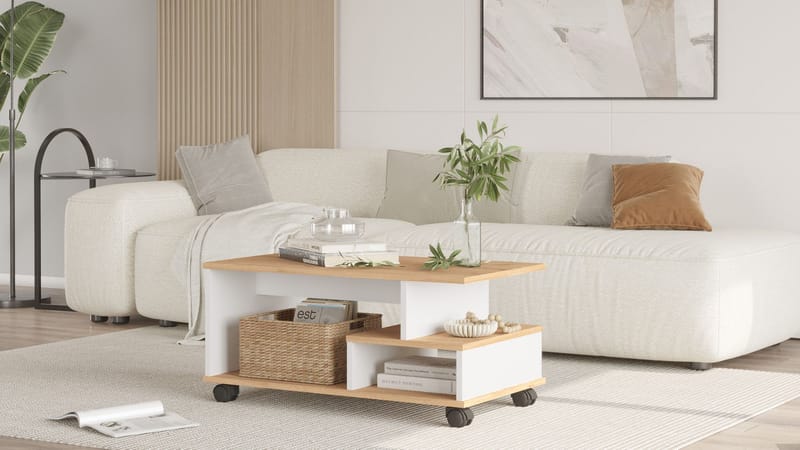 Solven sohvapöytä 90x42,5x51 cm - Tammi ja valkoinen - Huonekalut - Pöytä & ruokailuryhmä - Sohvapöytä