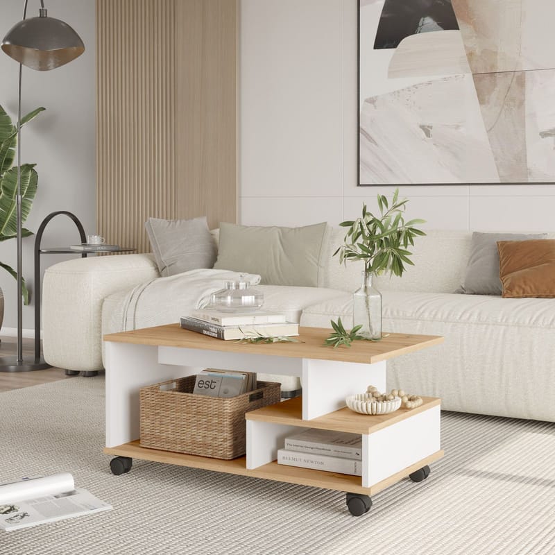 Solven sohvapöytä 90x42,5x51 cm - Tammi ja valkoinen - Huonekalut - Pöytä & ruokailuryhmä - Sohvapöytä