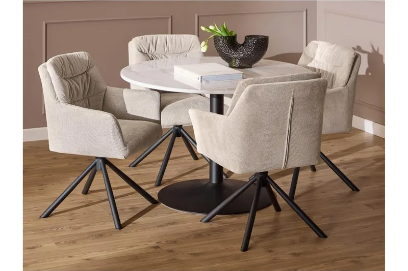 Stabby Ruokailuryhmä Pyöreä 110 Cm + 4 Ruokapöydän Tuolia, Musta/Valkoinen/Beige