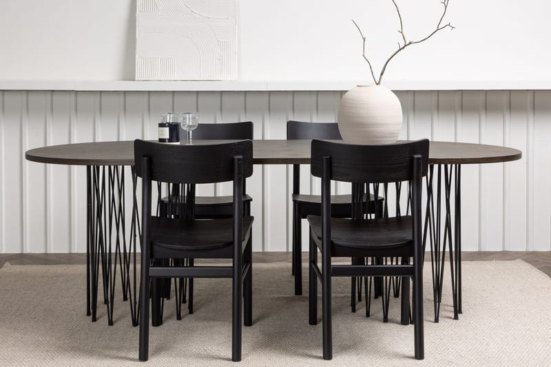 Stone-ruokapöytä 220x100x74 cm, soikea, 4 Montros-ruokatuolia