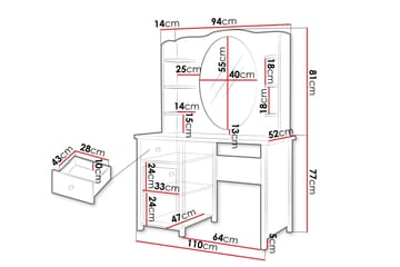 Storys meikkipöytä 110x52 cm säilytyksellä ja laatikoilla puuta lasipeilillä - Valkoinen - Huonekalut - Pöytä & ruokailuryhmä - Meikki- & kampauspöydät - Meikkipöytä peilillä