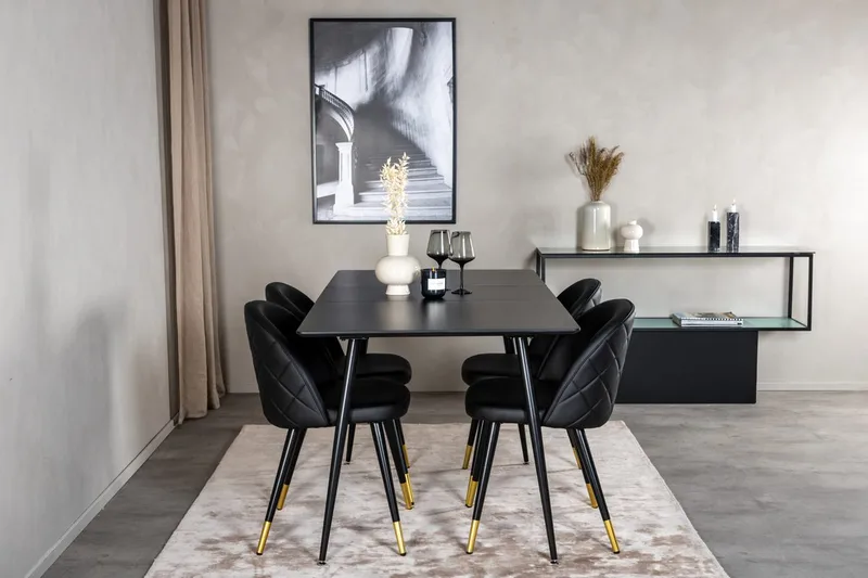Suorakulmainen Silar-ruokailuryhmä 120-160 cm ja 4 Velvet-ruokatuolia, musta