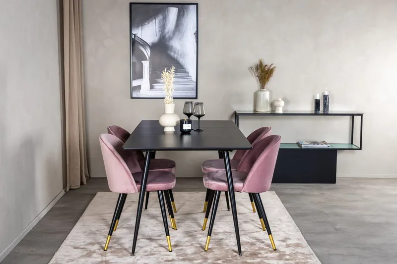 Suorakulmainen Silar-ruokailuryhmä 120-160 cm ja 4 Velvet-ruokatuolia, vanha roosa